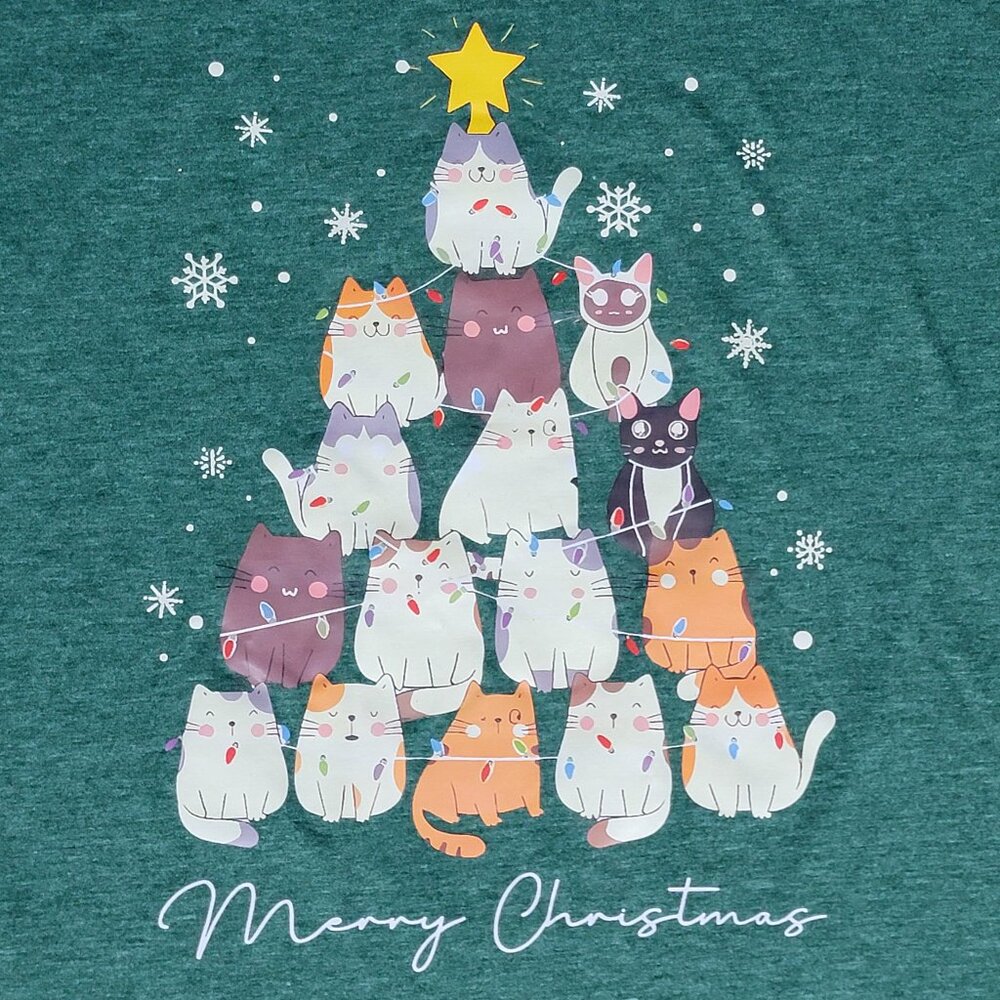 Dark Heather Green Short Sleeve Cat Christmas Tree Tee Shirt - XL